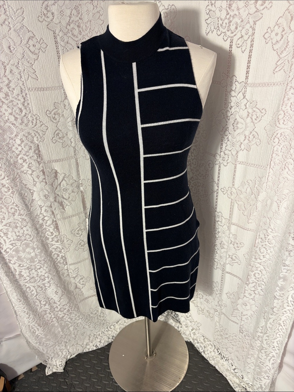 Topshop Black Sleeveless Mock Neck Striped Knit Mini Dress